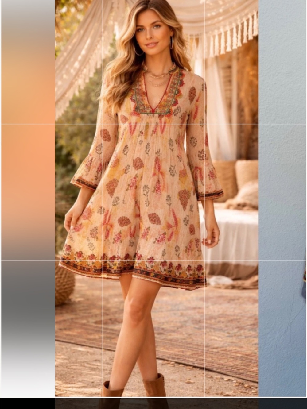 Zara Woman Boho Floral V-Neck Bell Sleeve Mini Dress. Size Medium